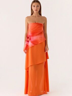 Strapless Orange Layered Evening Dress